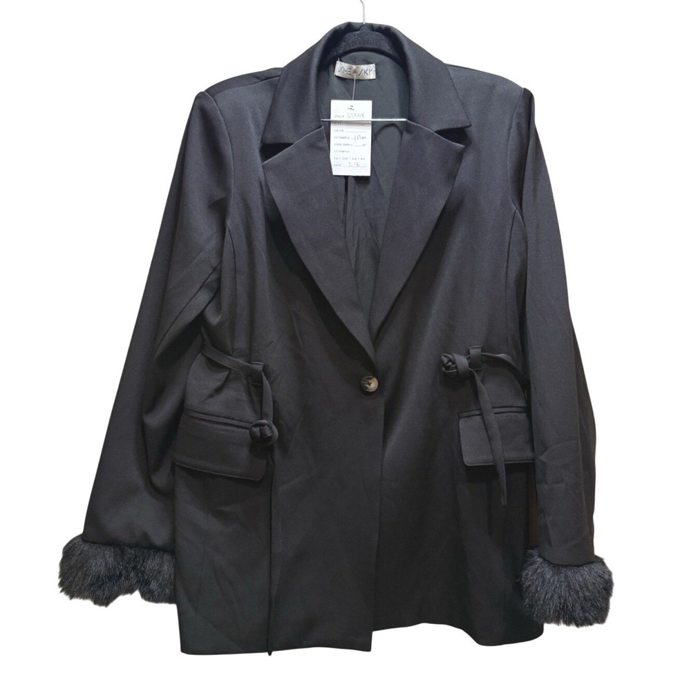 She + Sky Women Black Faux Fur Cuff Tie Waist Blazer Jacket